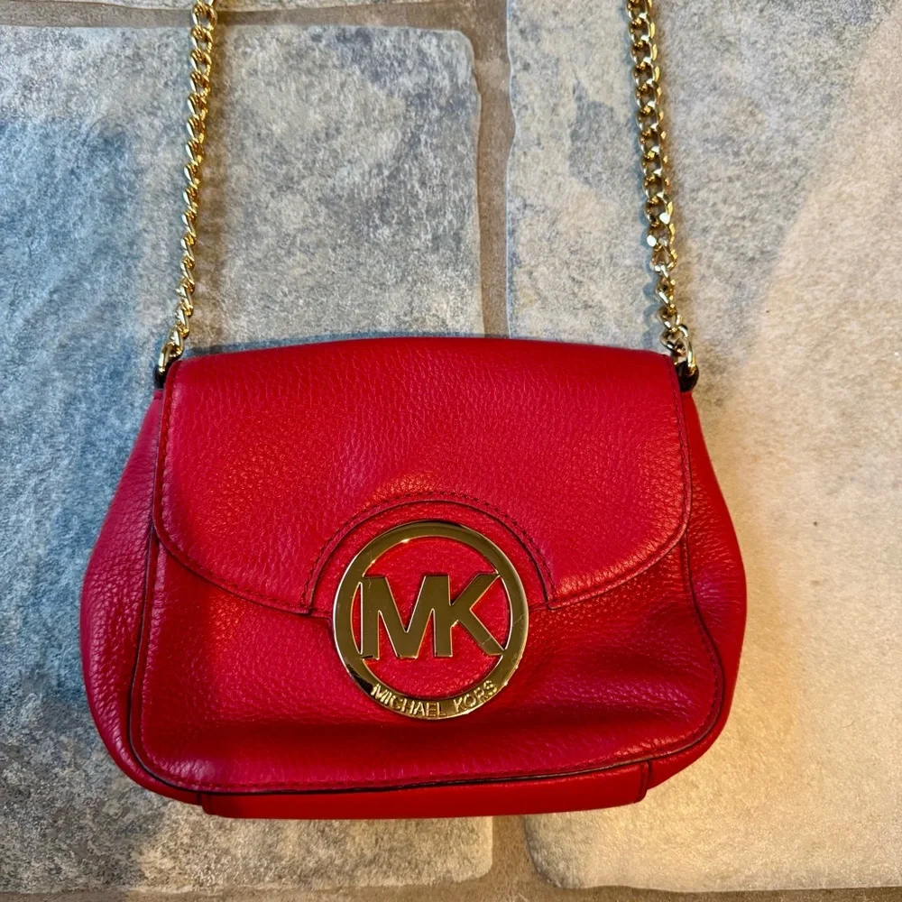 Michael Kors‎ Fulton Red and Gold Crossbody Bag with Flap Closure Lipstick